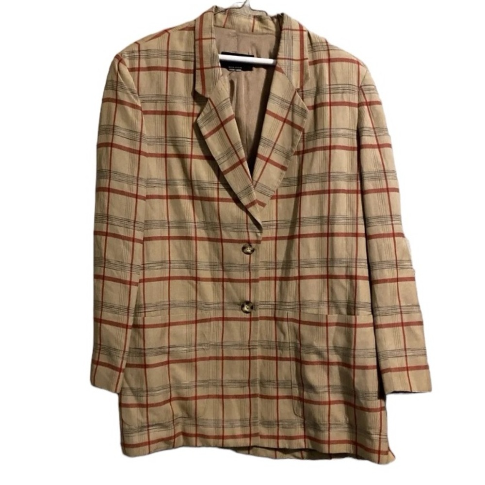 Theo Miles Tan Red Black Plaid Blazer 14 Vintage Nova Check window pane linen